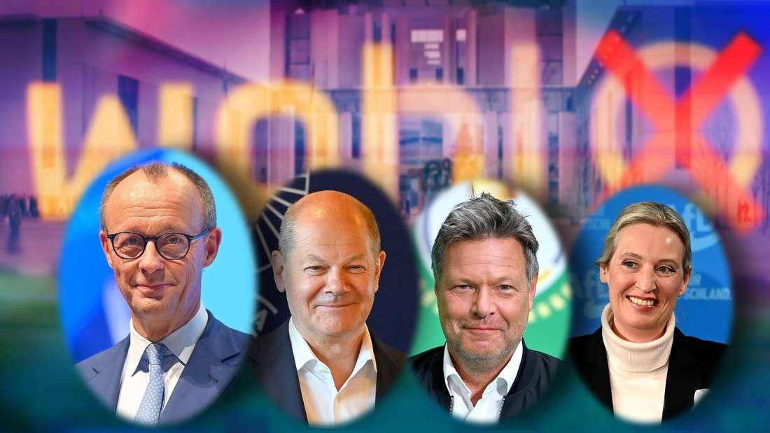 Die Kanzlerkandidaten der verschiedenen Parteien für die Bundestagswahl 2025 von links nach rechts: Friedrich Merz (CDU), Olaf Scholz (SPD), Robert Habeck (Grüne), Alice Weidel (AfD).