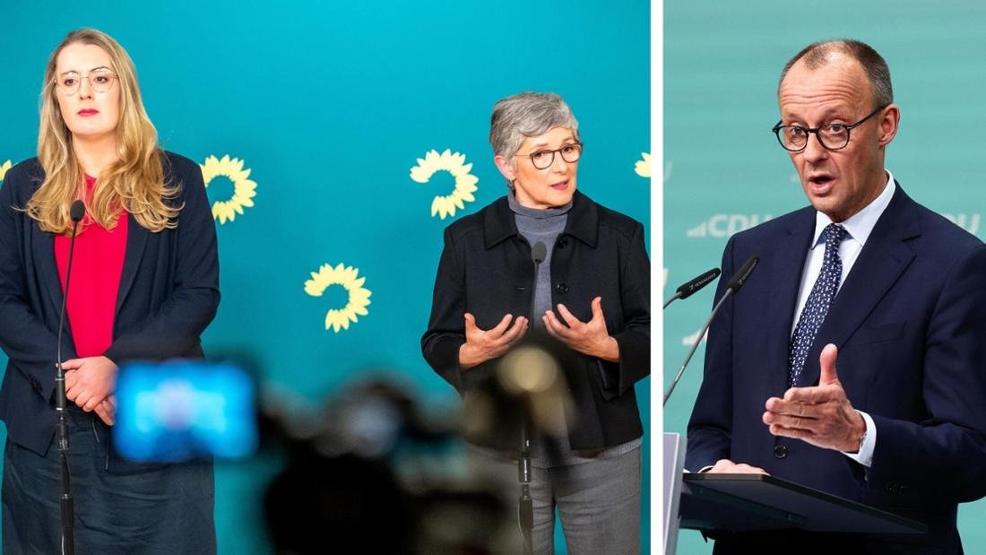 Die Fraktionsvorsitzenden der Grünen, Katharina Dröge und Britta Haßelmann, neben CDU-Chef Friedrich Merz.