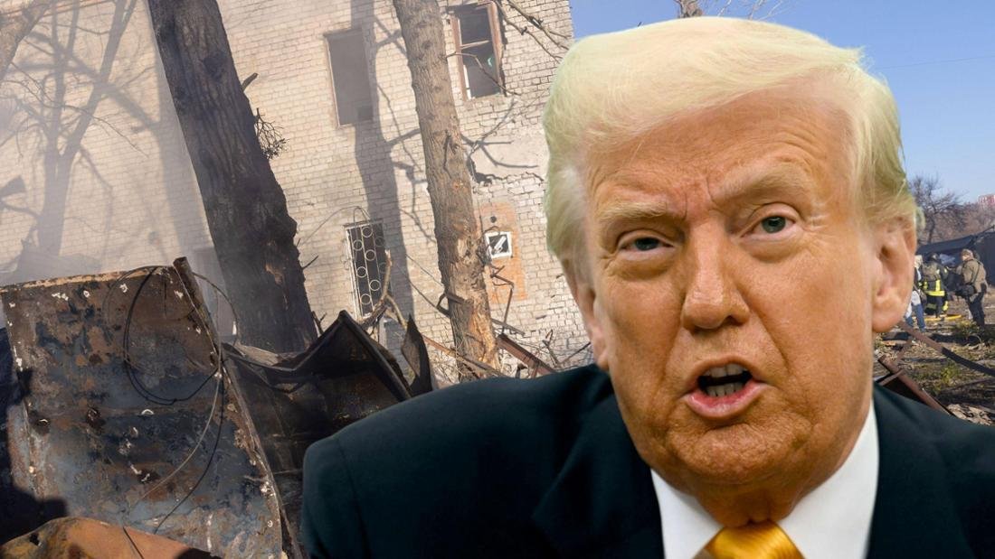 Im Vordergrund: US-Präsident Donald Trump. Im Hintergrund: Zerstörte Gebäude im ukrainischen Charkiw.